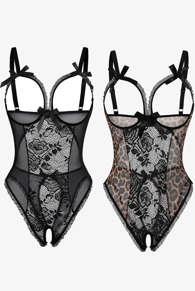 Avidlove mini bodysuit set: black lace and leopard print, cutout bra, and crotchless