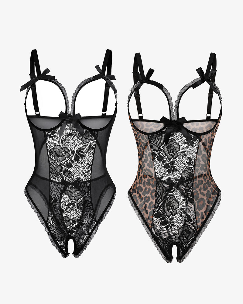 Avidlove mini bodysuit set: black lace and leopard print, cutout bra, and crotchless