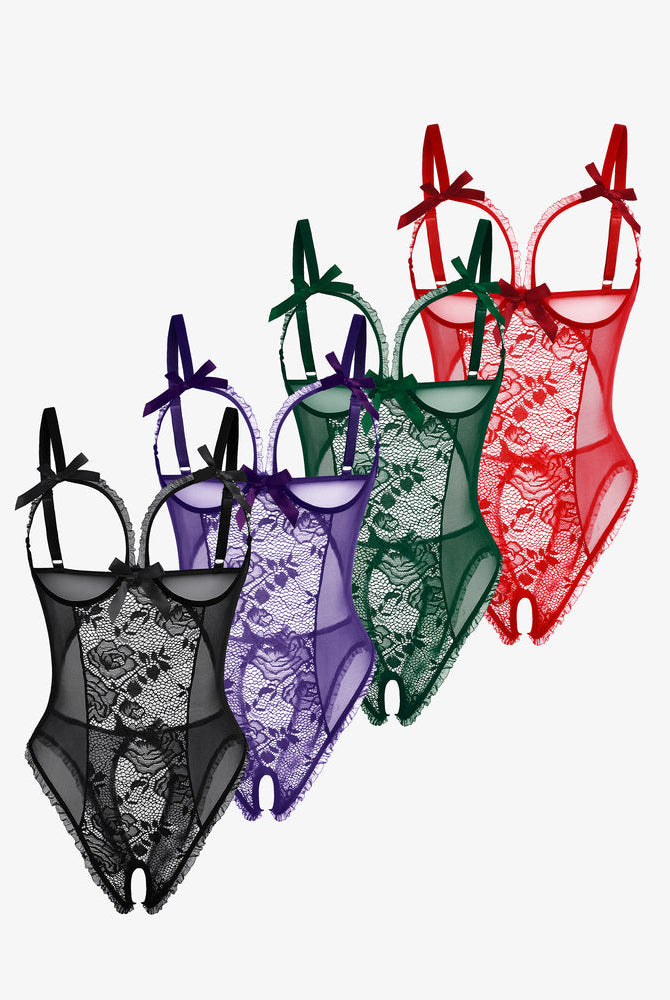 Avidlove lace mini bodysuits, available in multiple colors, with cutout bra and crotchless design.