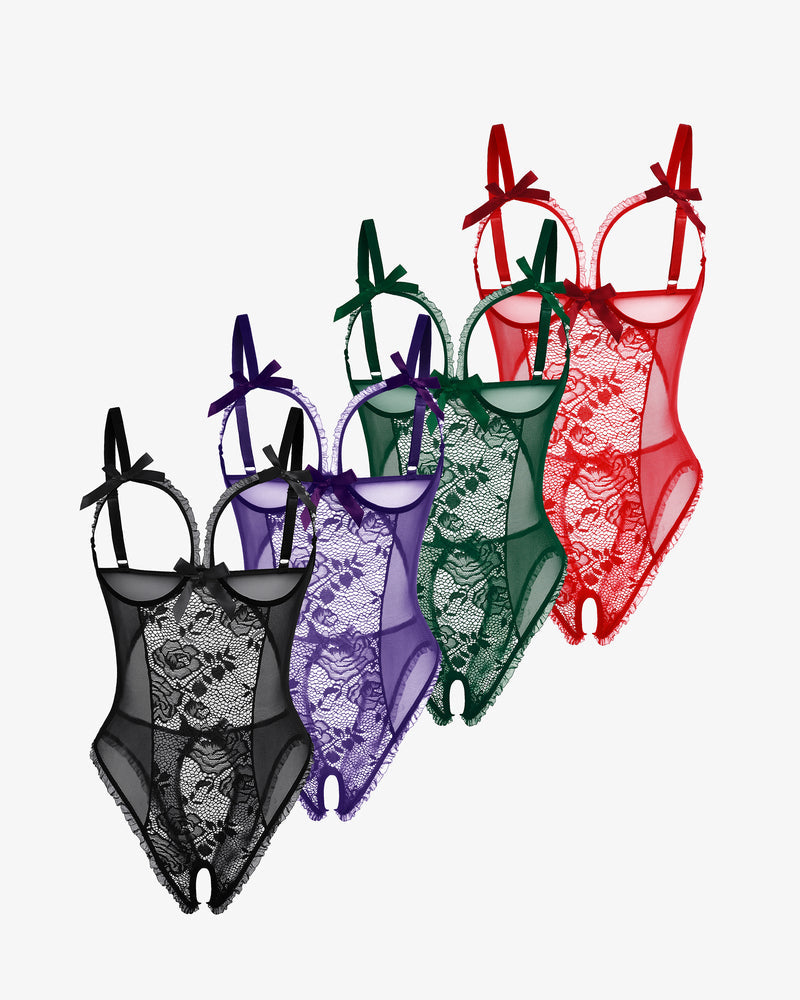 Avidlove lace mini bodysuits, available in multiple colors, with cutout bra and crotchless design.
