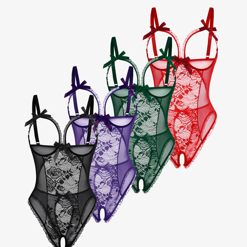 Avidlove 4-pack of crotchless lingerie in black, purple, green, and red with lace and bows.