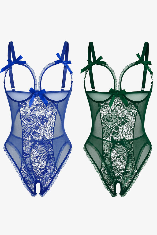 2-pack Avidlove lace mini bodysuits in blue and green with cutout bra and crotchless design.