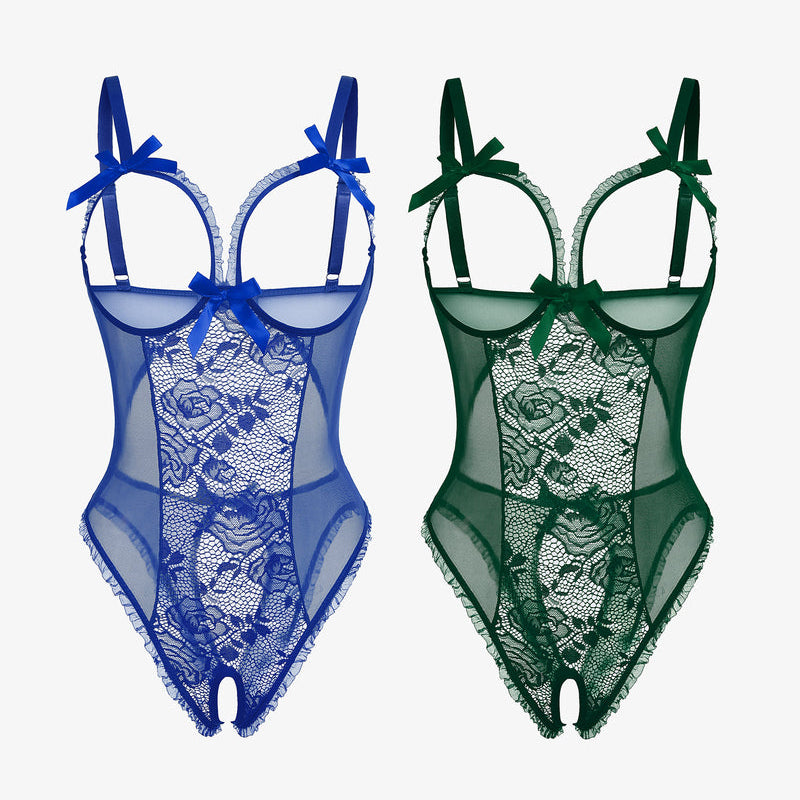 2-pack Avidlove lace mini bodysuits in blue and green with cutout bra and crotchless design.