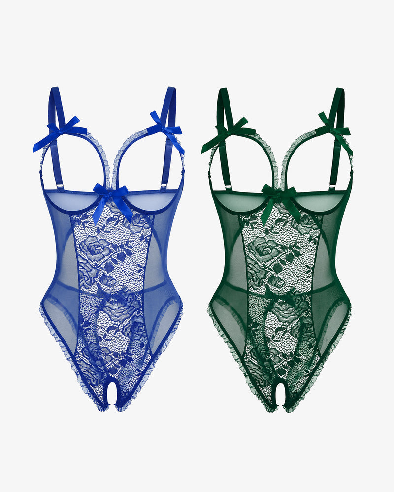 2-pack Avidlove lace mini bodysuits in blue and green with cutout bra and crotchless design.