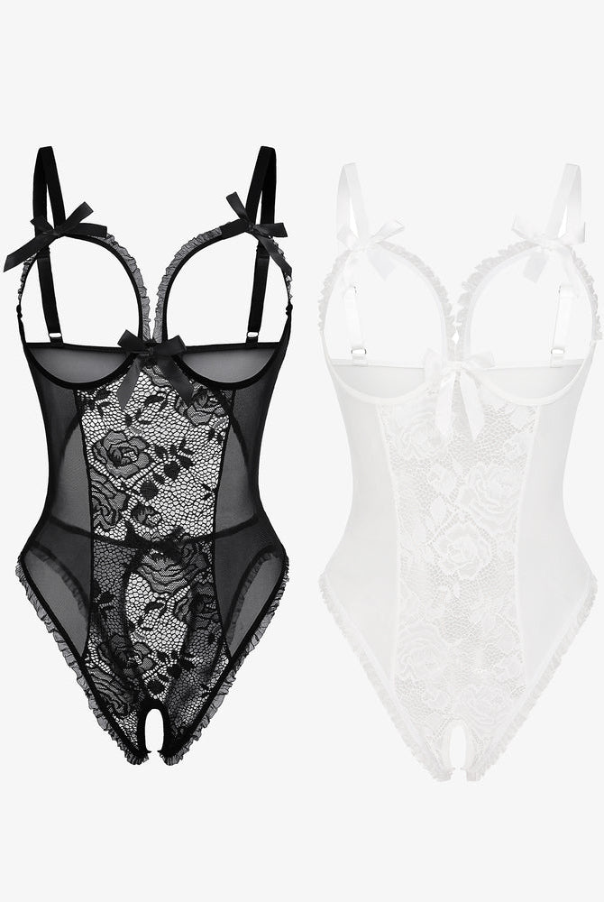 Avidlove lace mini bodysuit set. Black and white, cutout bra, ruffle trim, crotchless design.