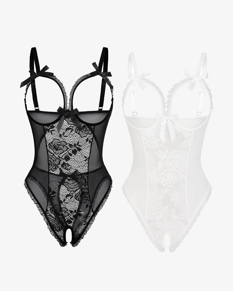 Avidlove lace mini bodysuit set. Black and white, cutout bra, ruffle trim, crotchless design.