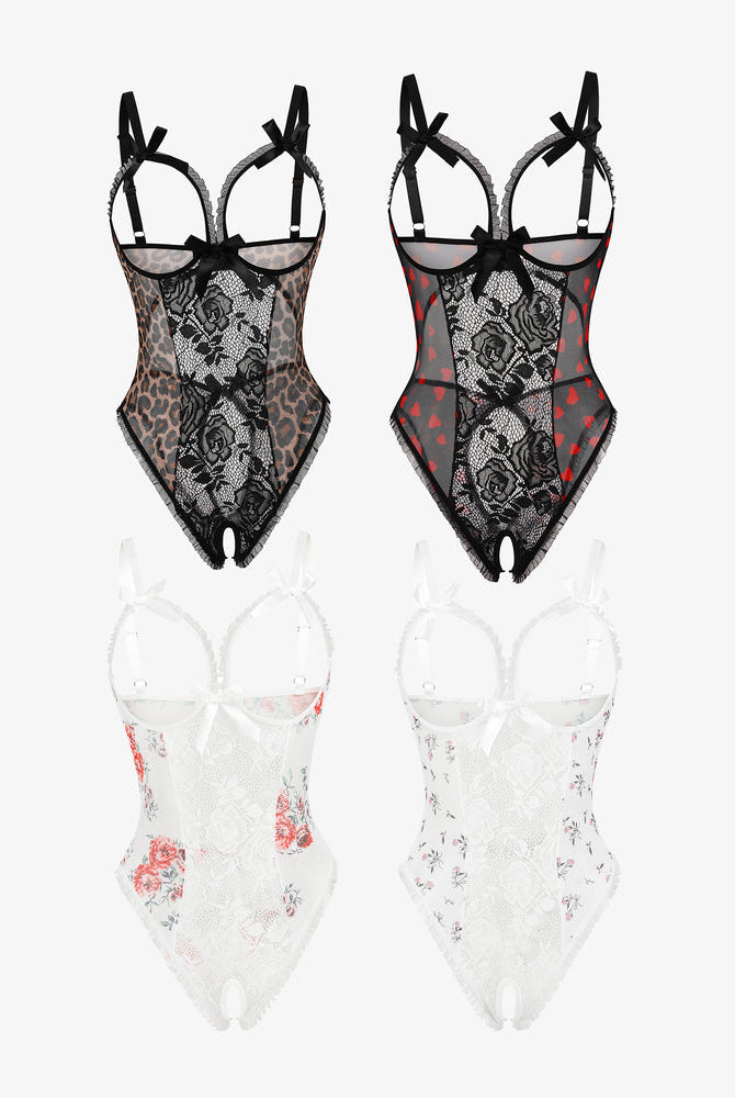 Avidlove lace mini bodysuit 2-pack set with cutout bra, ruffle trim, and crotchless design