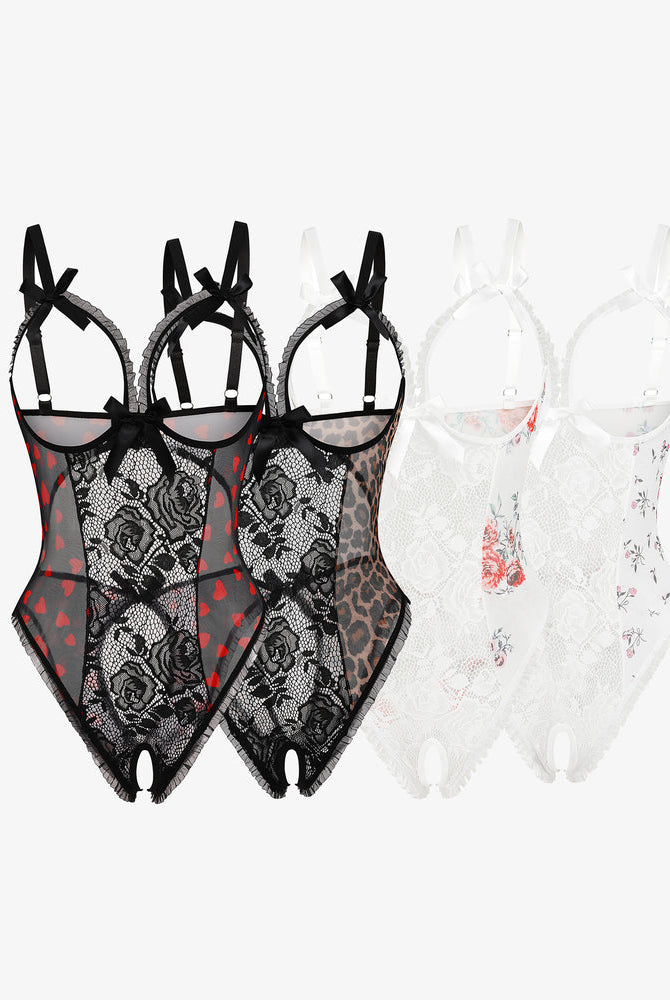 Avidlove lace mini bodysuits with cutout bra and crotchless design, available in multiple colors.