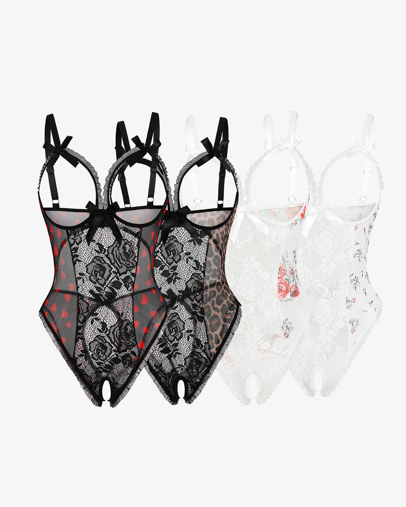 Avidlove lace mini bodysuits with cutout bra and crotchless design, available in multiple colors.