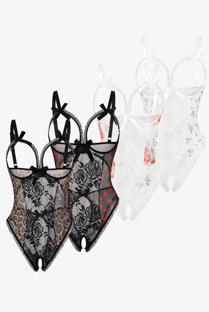 Avidlove 2-pack lace mini bodysuit set, cutout bra, ruffle trim, and crotchless design