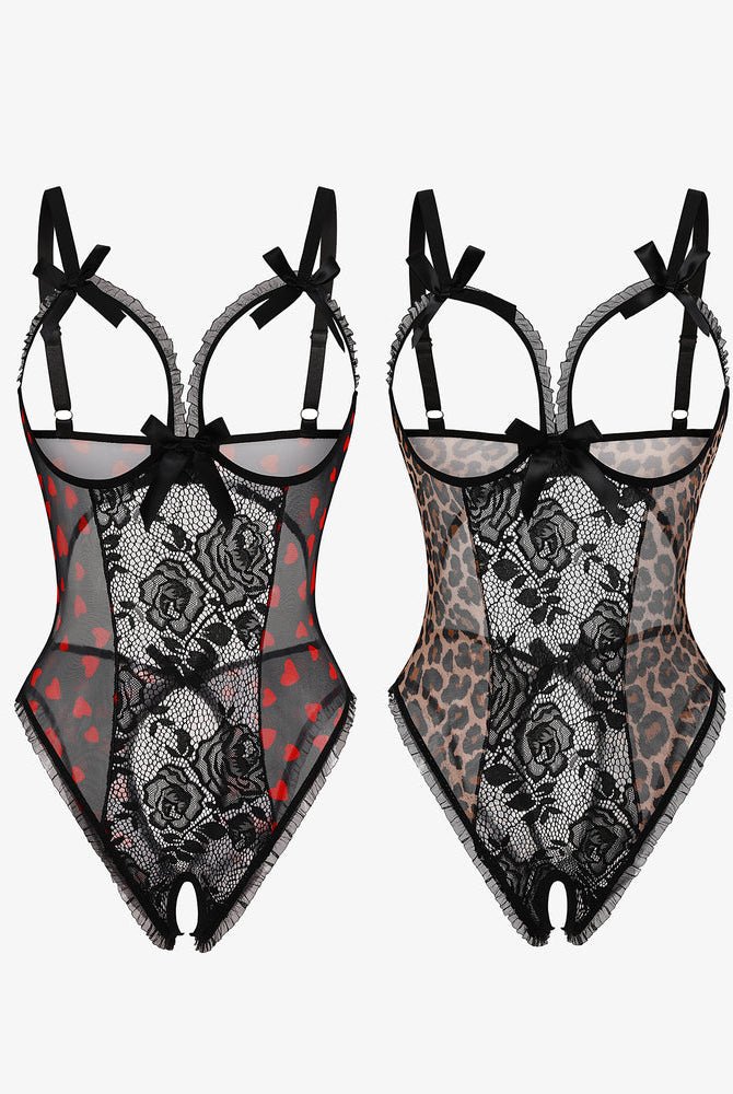 Avidlove 2-pack lace mini bodysuit set, black lace and leopard print, cutout bra, crotchless design