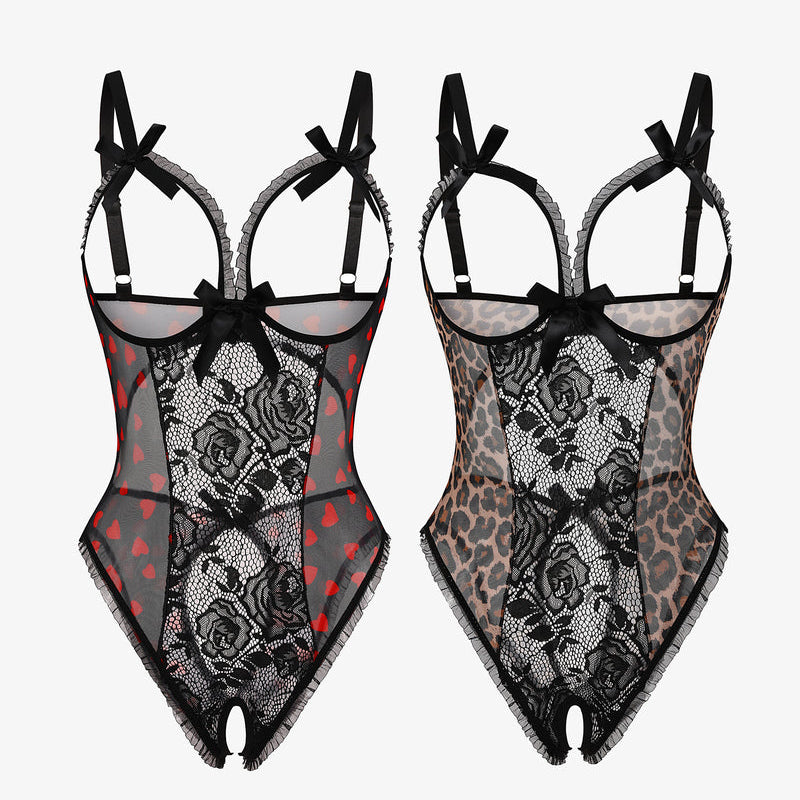 Avidlove 2-pack lace mini bodysuit set, black lace and leopard print, cutout bra, crotchless design