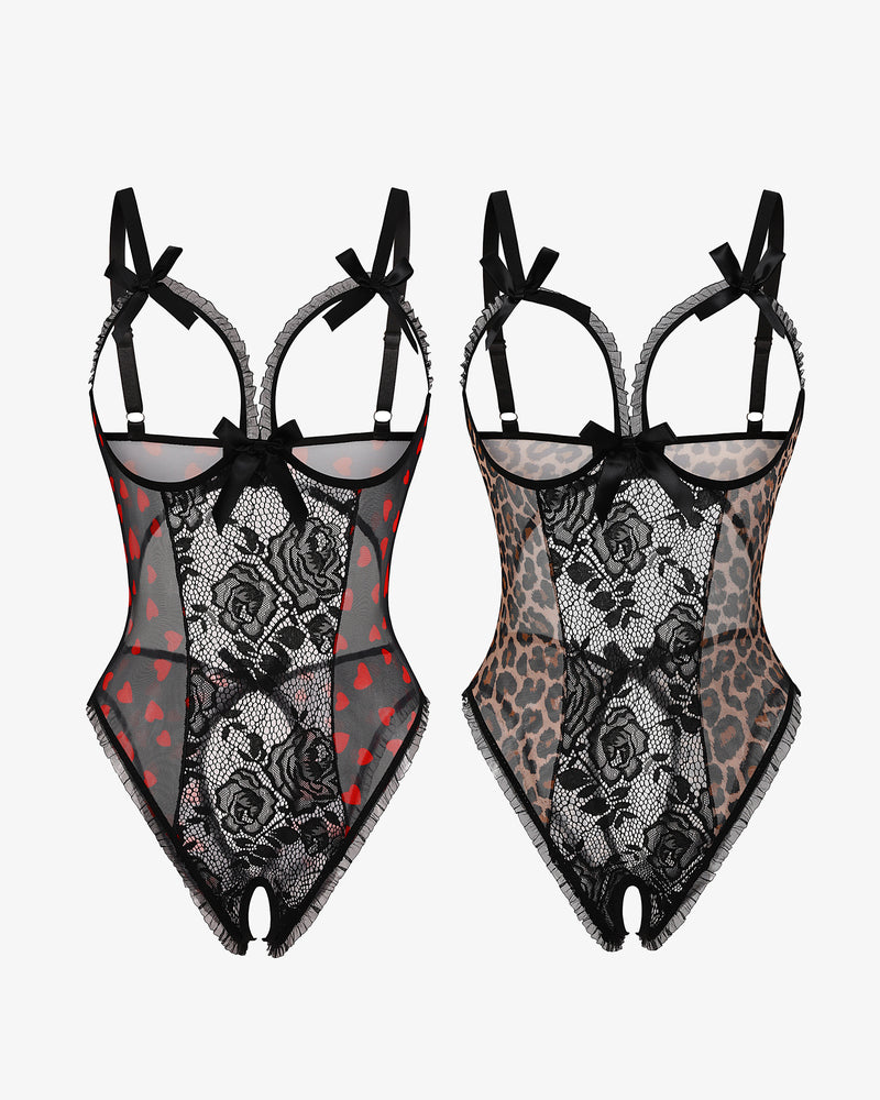 Avidlove 2-pack lace mini bodysuit set, black lace and leopard print, cutout bra, crotchless design