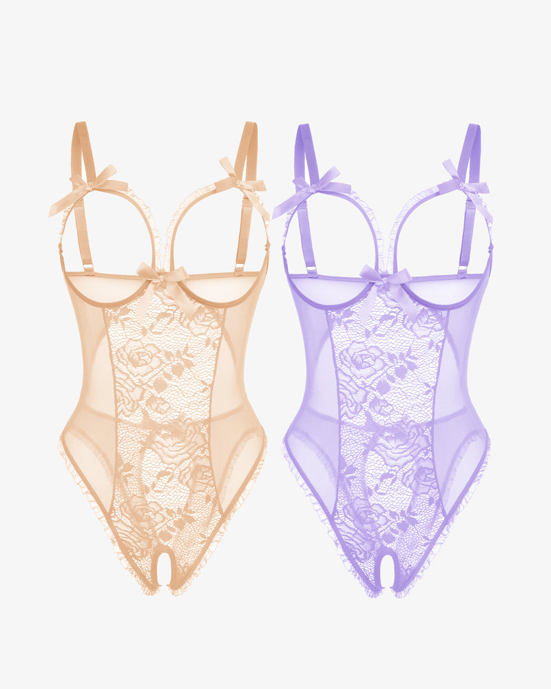 2-pack Avidlove lace mini bodysuits, orange and purple, cutout bra, ruffle trim, crotchless design.