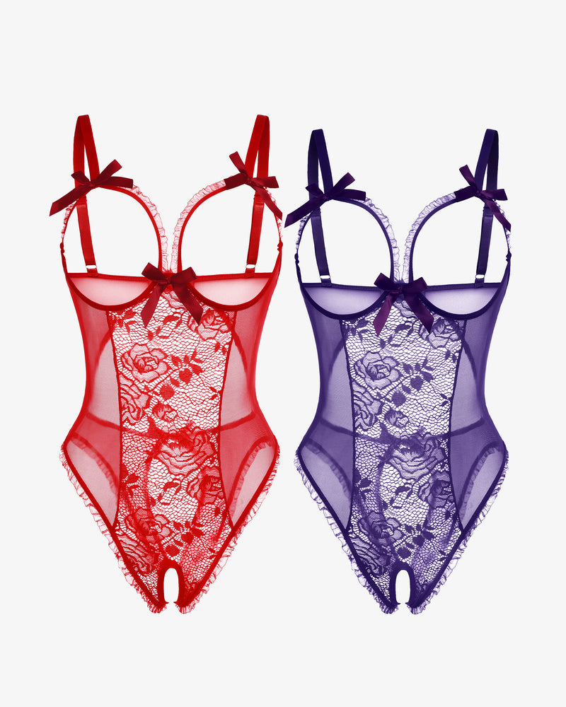 Avidlove 2-pack lace mini bodysuit set, red and purple, cutout bra, crotchless.