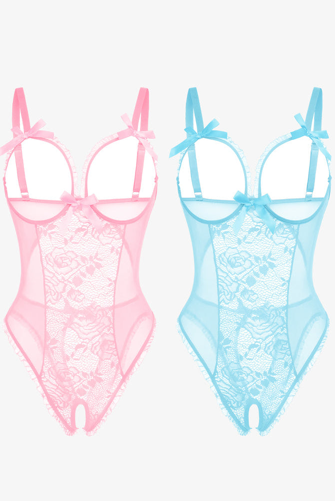 Avidlove 2-pack mini bodysuit set, pink and blue lace, cutout bra, ruffle trim, crotchless design.