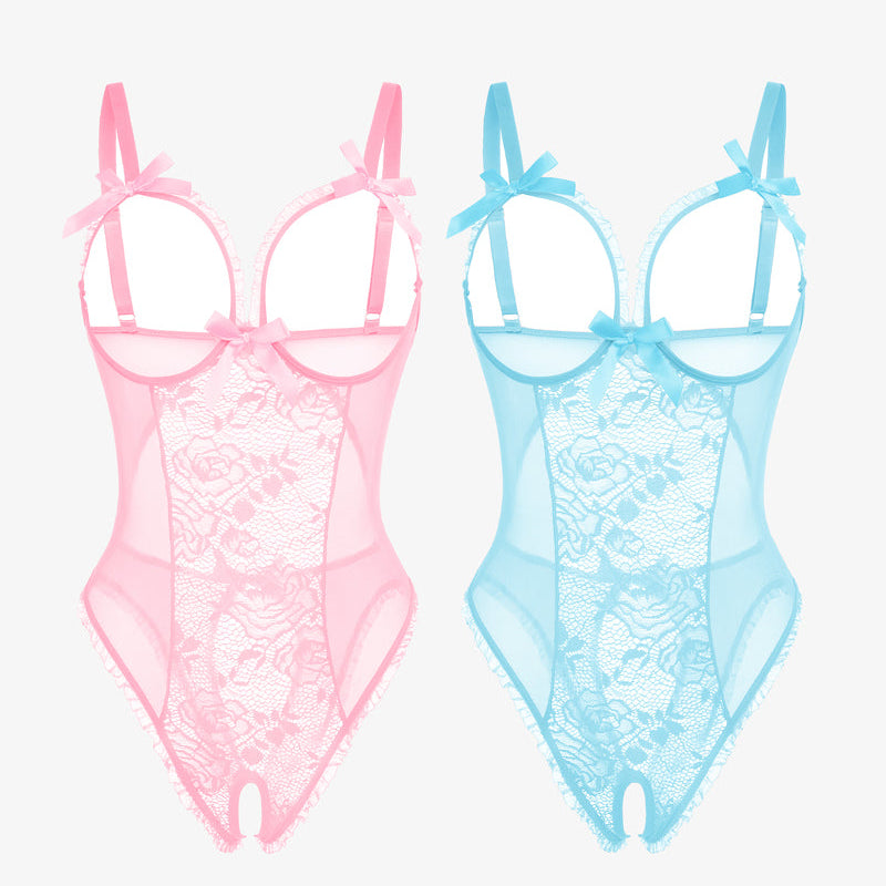 Avidlove 2-pack mini bodysuit set, pink and blue lace, cutout bra, ruffle trim, crotchless design.