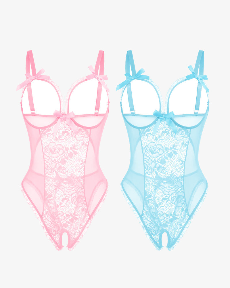 Avidlove 2-pack mini bodysuit set, pink and blue lace, cutout bra, ruffle trim, crotchless design.