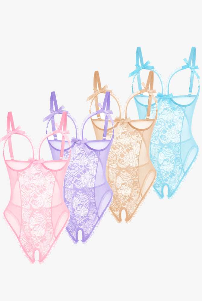 Multi-color lace mini bodysuit, cutout bra, ruffle trim, crotchless design. Playful lingerie set.