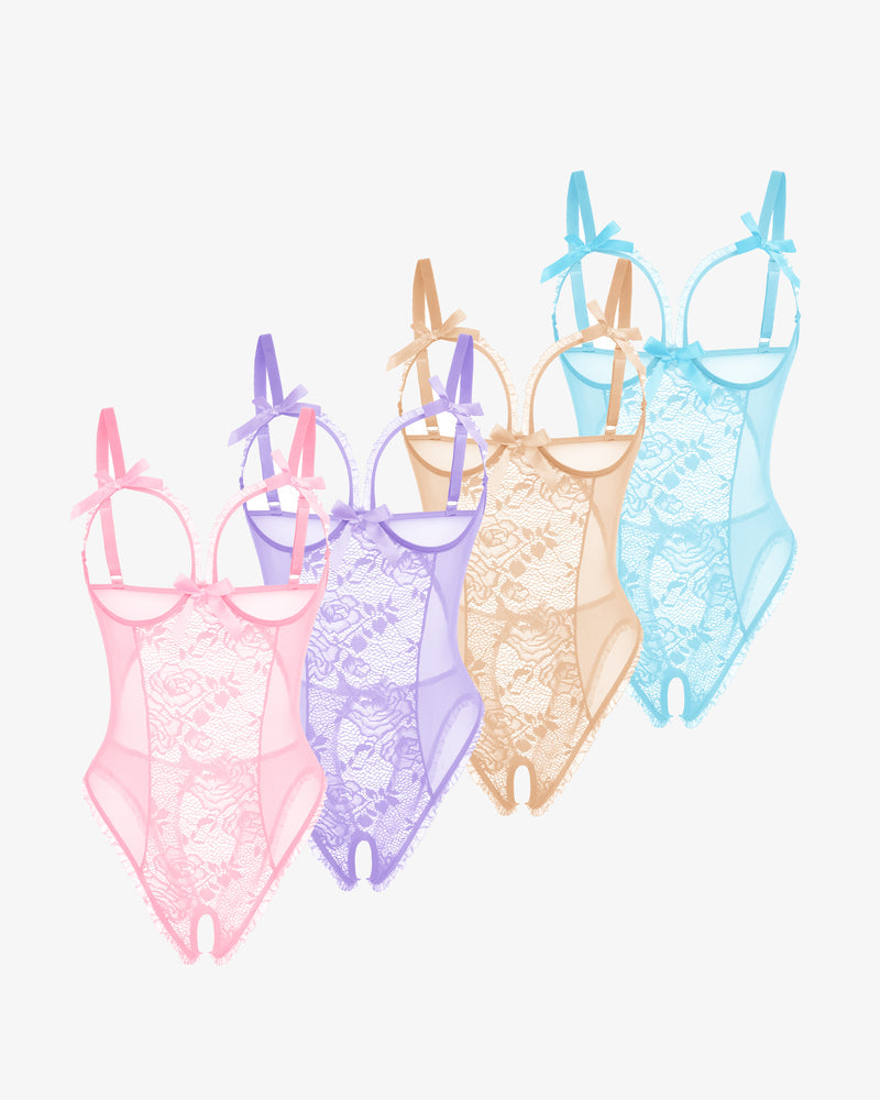 Multi-color lace mini bodysuit, cutout bra, ruffle trim, crotchless design. Playful lingerie set.