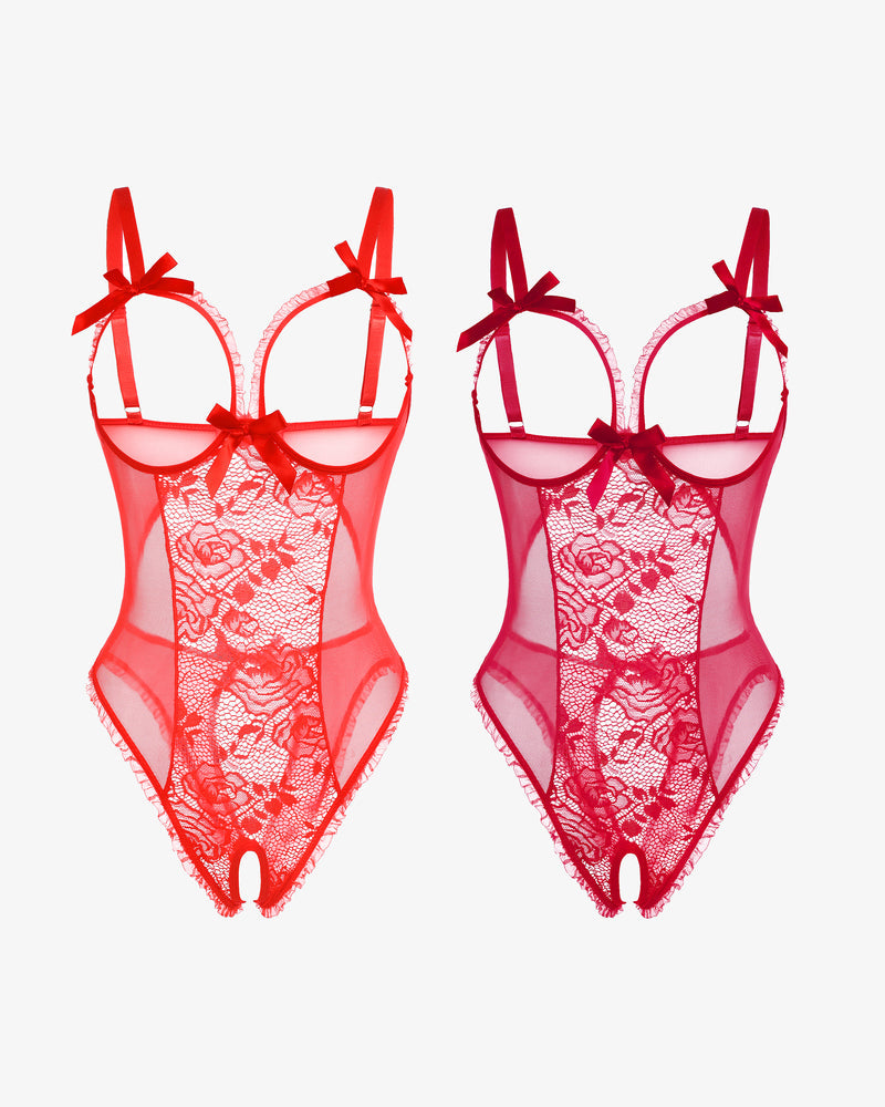 Avidlove 2-pack red lace mini bodysuit set with cutout bra, ruffle trim, and crotchless design.