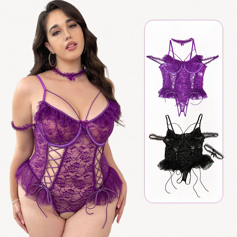 Plus Size Purple Lace Bodysuit with Adjustable Straps and Lace-up Detail, Avidlove Lingerie