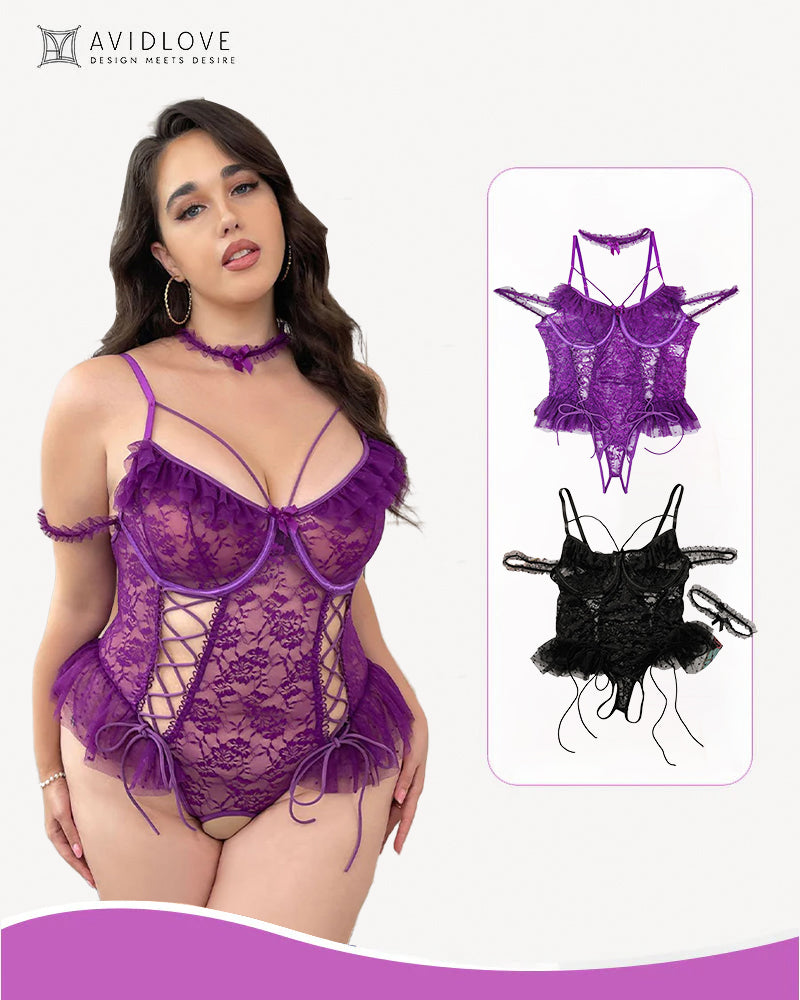 Plus Size Purple Lace Bodysuit with Adjustable Straps and Lace-up Detail, Avidlove Lingerie