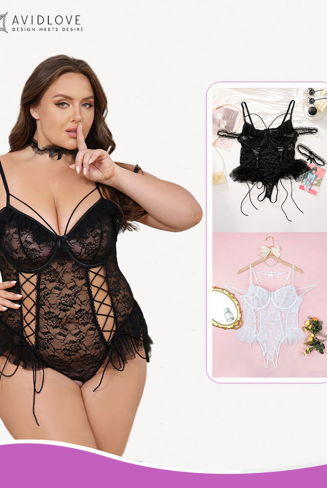 Avidlove Plus Size Black Lace Bodysuit with Floral Cups and Lace-up Detail