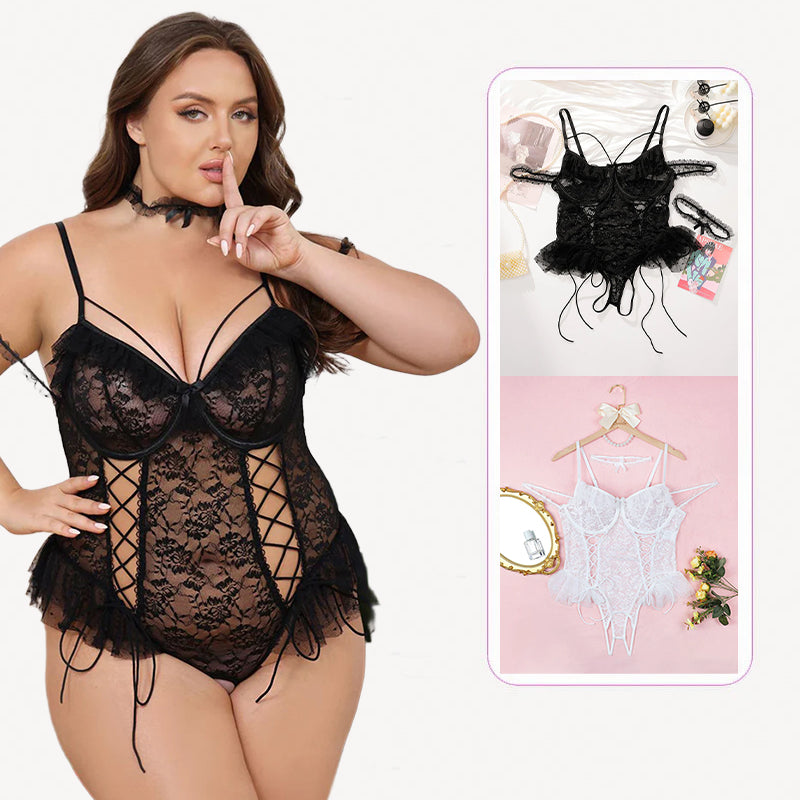 Avidlove Plus Size Black Lace Bodysuit with Floral Cups and Lace-up Detail