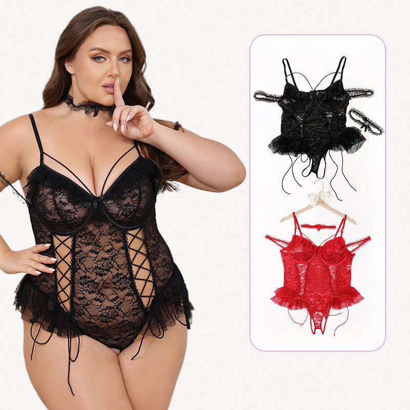 Plus Size Black Lace Bodysuit with Adjustable Straps and Lace-up Detail, Avidlove Lingerie