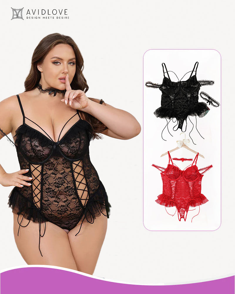 Plus Size Black Lace Bodysuit with Adjustable Straps and Lace-up Detail, Avidlove Lingerie