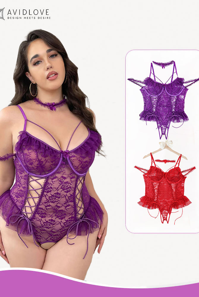 Plus Size Purple Lace Bodysuit with Floral Lace, Ruffle Trim, and Lace-up Detail by Avidlove