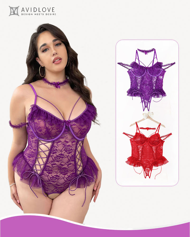 Plus Size Purple Lace Bodysuit with Floral Lace, Ruffle Trim, and Lace-up Detail by Avidlove