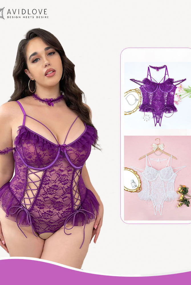 Plus size purple lace bodysuit with floral lace cups and adjustable straps, sexy lingerie