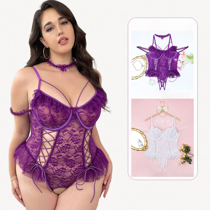 Plus size purple lace bodysuit with floral lace cups and adjustable straps, sexy lingerie