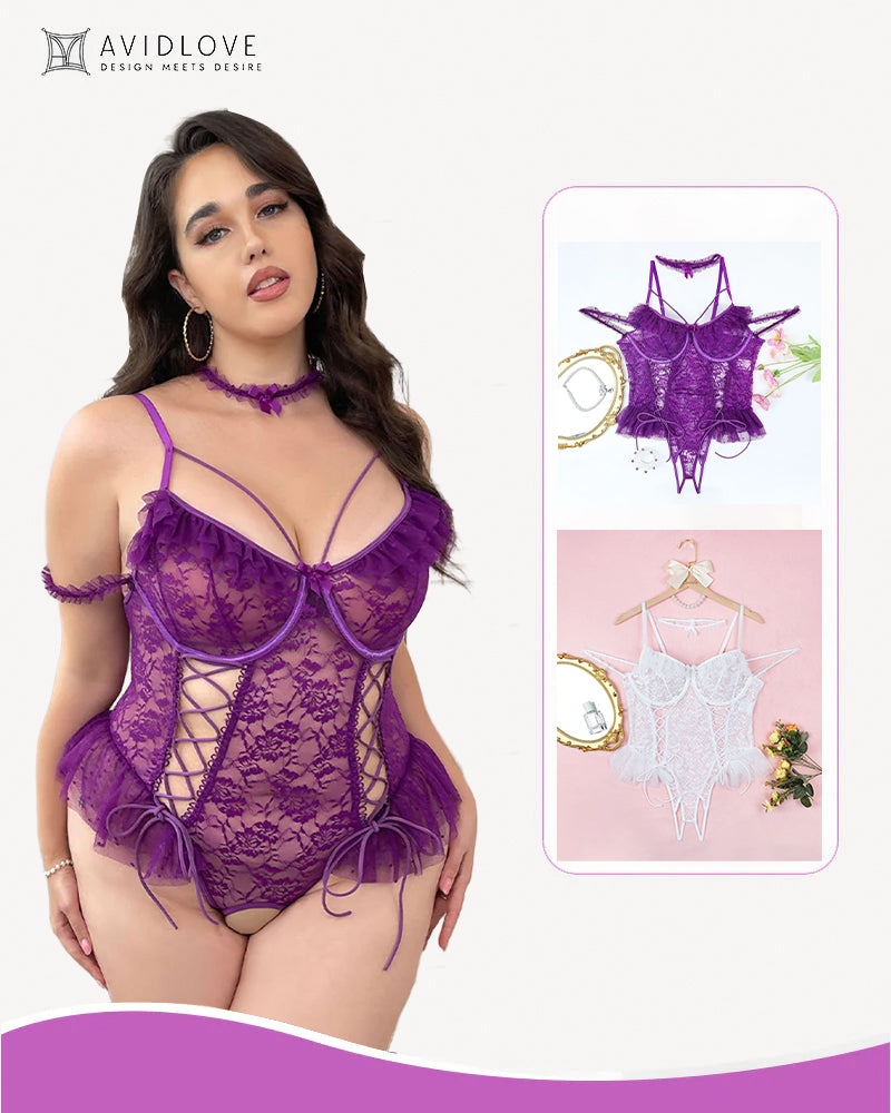 Plus size purple lace bodysuit with floral lace cups and adjustable straps, sexy lingerie