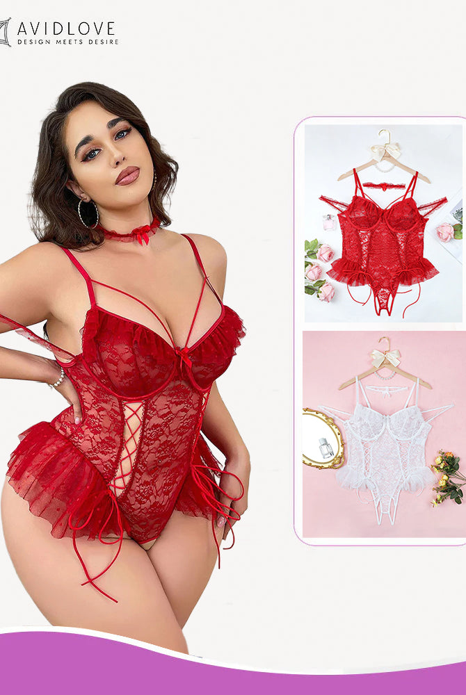 Avidlove plus size red lace bodysuit with floral lace cups and adjustable straps, sexy lingerie