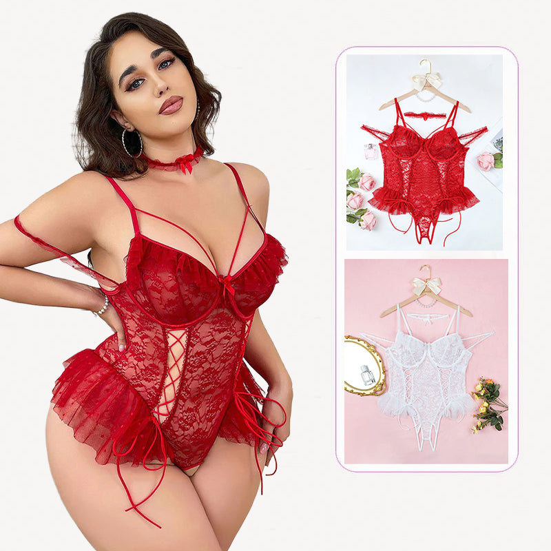 Avidlove plus size red lace bodysuit with floral lace cups and adjustable straps, sexy lingerie