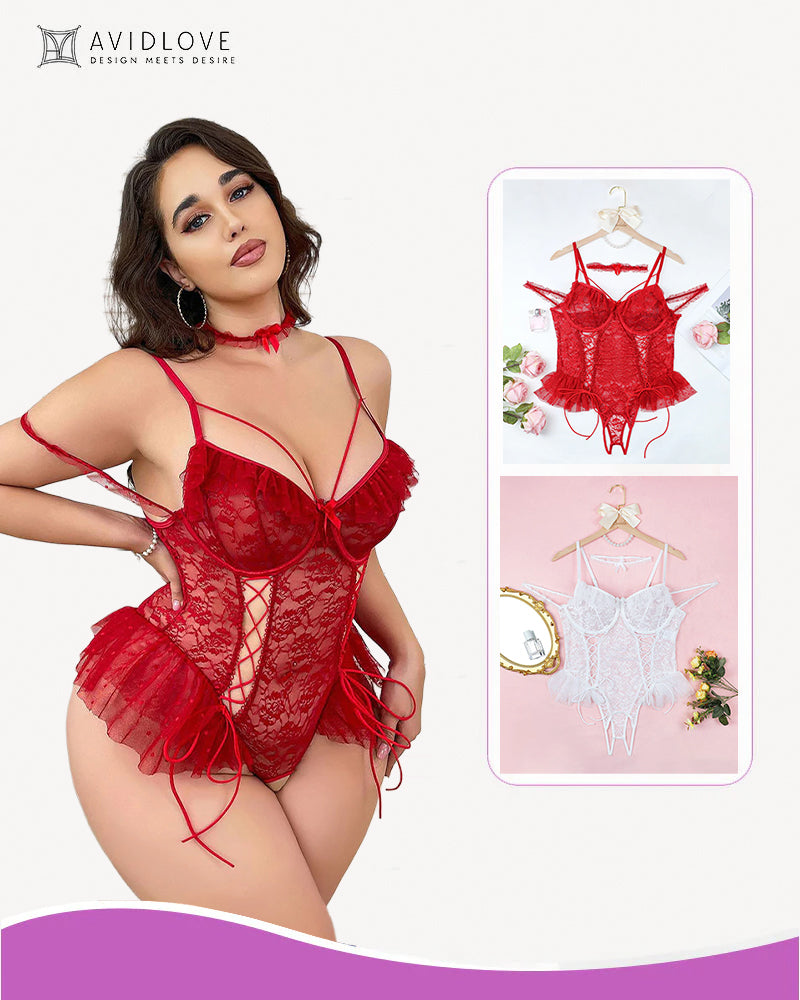 Avidlove plus size red lace bodysuit with floral lace cups and adjustable straps, sexy lingerie