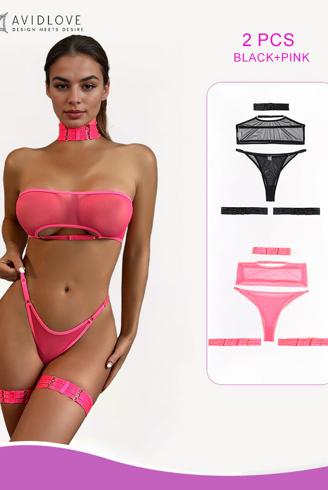 Sheer mesh lingerie set in pink, with choker and garter belt. Includes black set. Sexy lingerie.