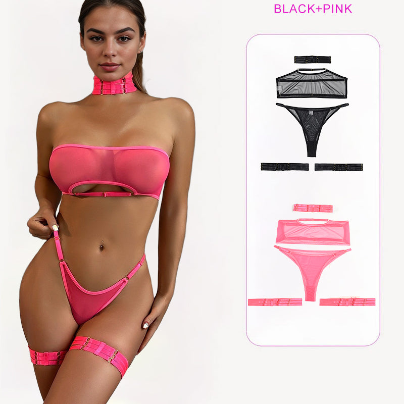 Sheer mesh lingerie set in pink, with choker and garter belt. Includes black set. Sexy lingerie.
