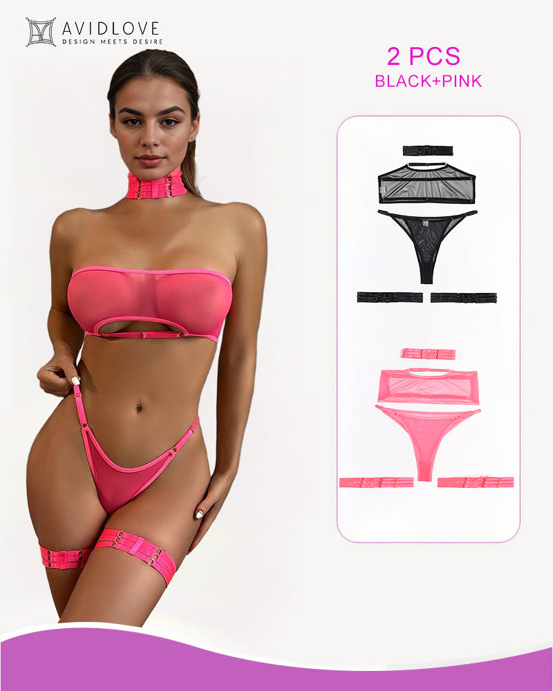 Sheer mesh lingerie set in pink, with choker and garter belt. Includes black set. Sexy lingerie.