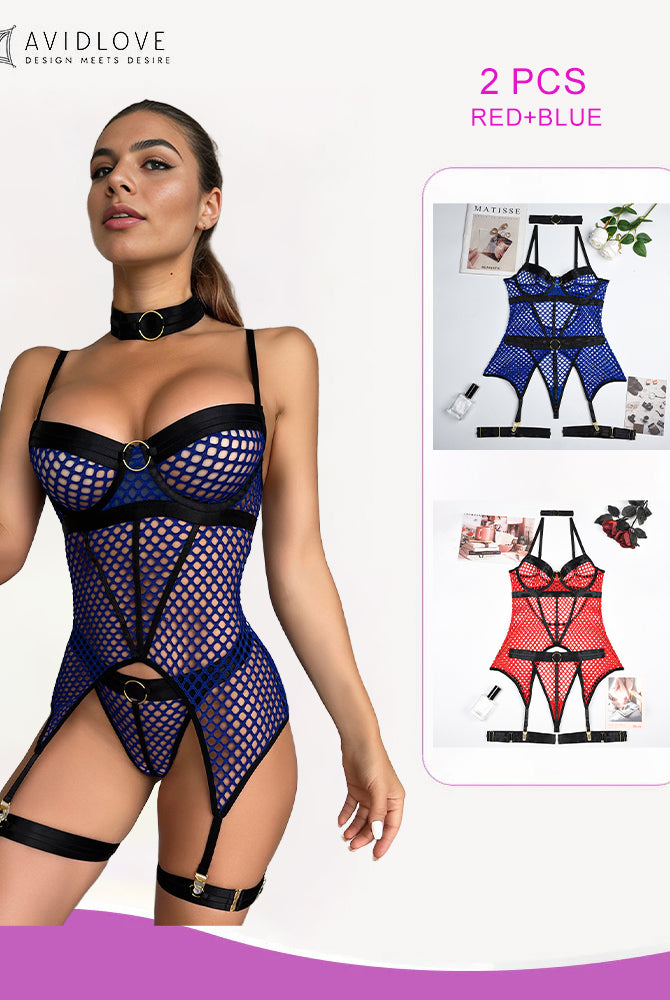 Blue fishnet corset bustier lingerie, black accents, showing confidence. Includes red option, 2 PCS.