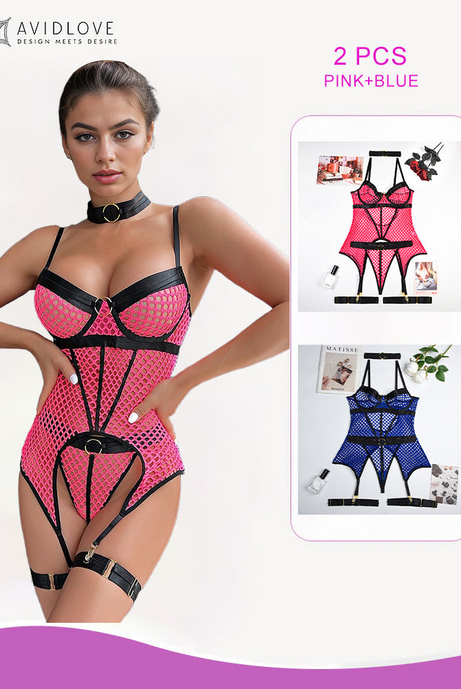 Avidlove 2 PCS Pink and Blue Fishnet Corset Lingerie Set with adjustable straps and garter details.