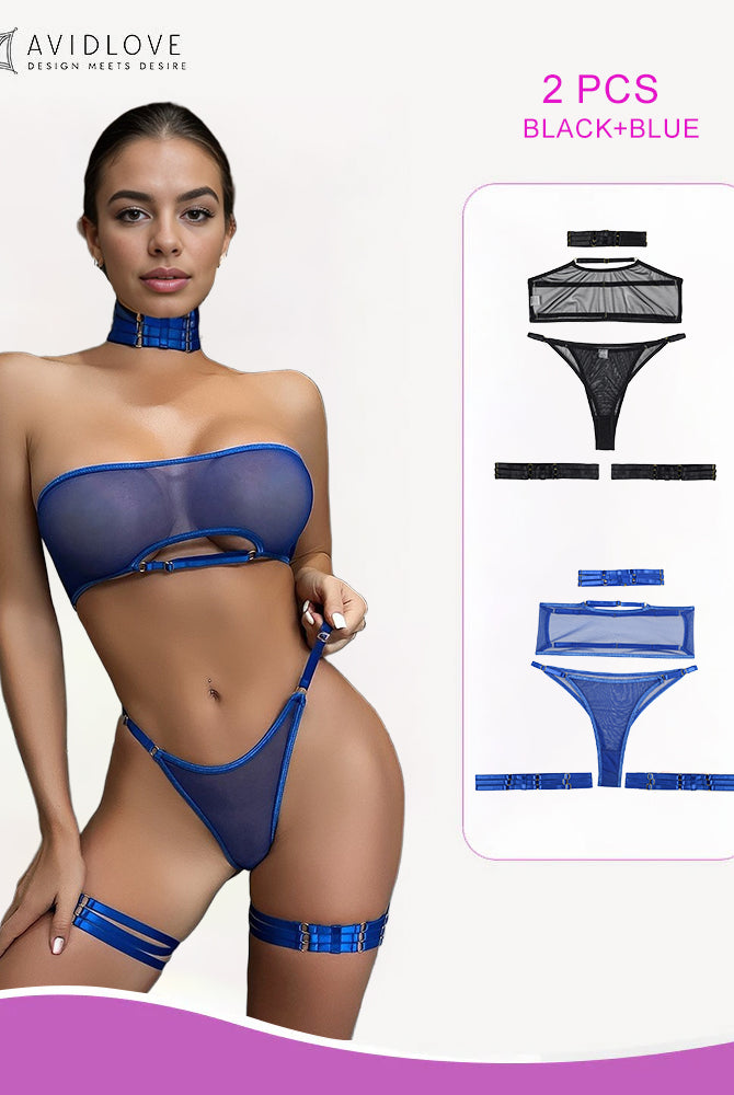 Blue sheer mesh lingerie set with garter belt and choker. Sexy lingerie for women, 2 PCS BLACK+BLUE.