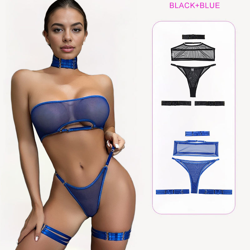 Blue sheer mesh lingerie set with garter belt and choker. Sexy lingerie for women, 2 PCS BLACK+BLUE.