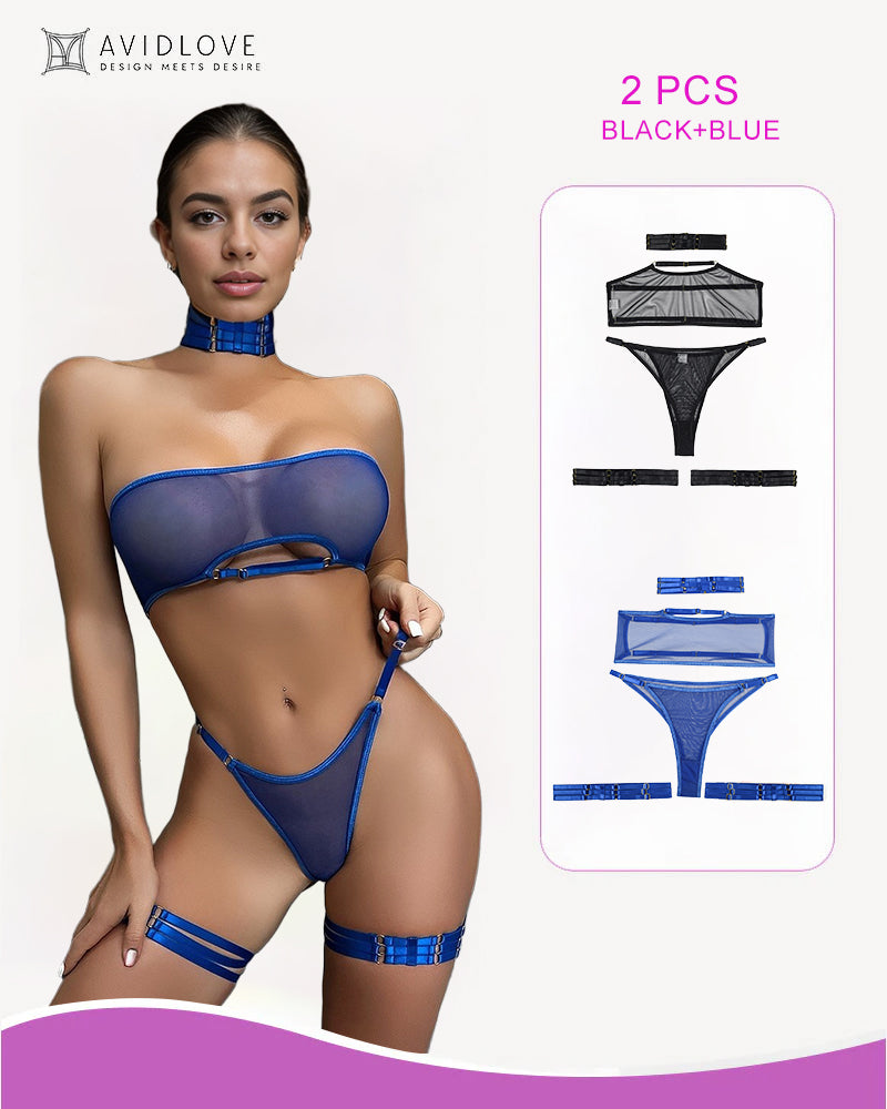 Blue sheer mesh lingerie set with garter belt and choker. Sexy lingerie for women, 2 PCS BLACK+BLUE.