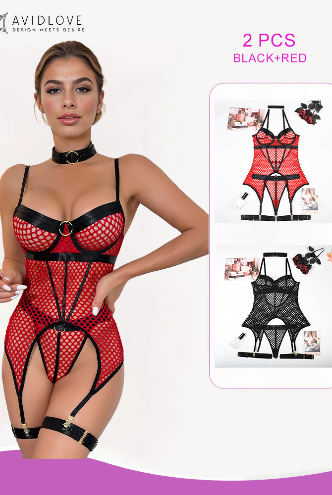 Red fishnet corset bustier lingerie with black accents, 2-piece set, showing curves.