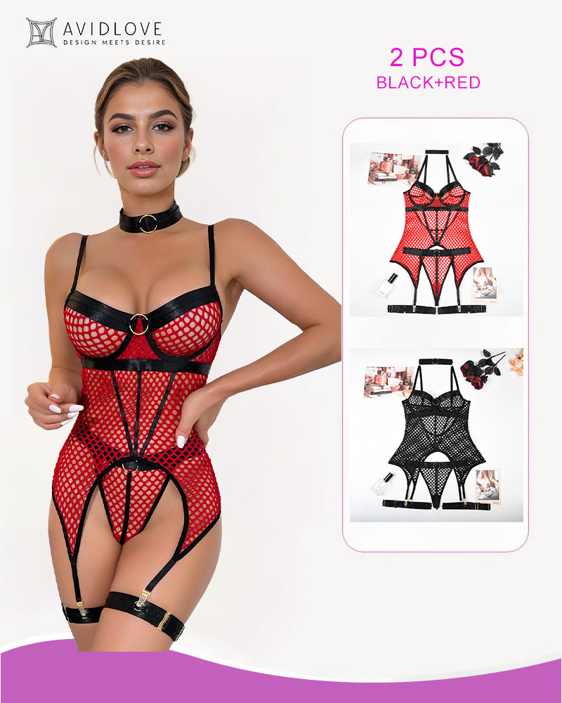 Red fishnet corset bustier lingerie with black accents, 2-piece set, showing curves.