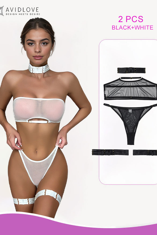 White and black sheer mesh lingerie set with bra, thong, garter belt, and choker. Sexy lingerie.